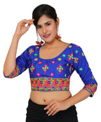 Dupion Silk Multicoloured Aari Embroidered Half Sleeves Kutchi Blouse-Blue