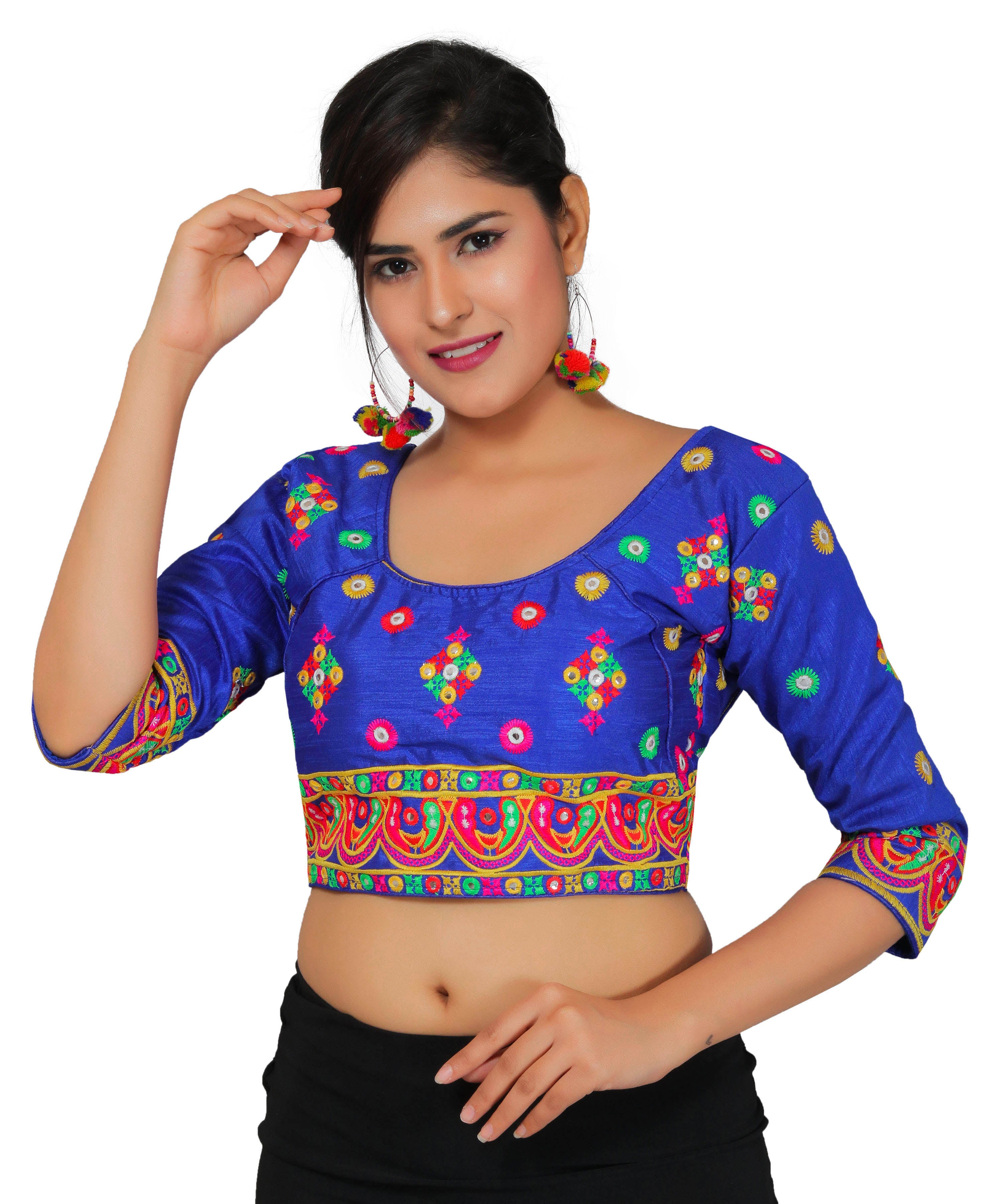 Dupion Silk Multicoloured Aari Embroidered Half Sleeves Kutchi Blouse-Blue