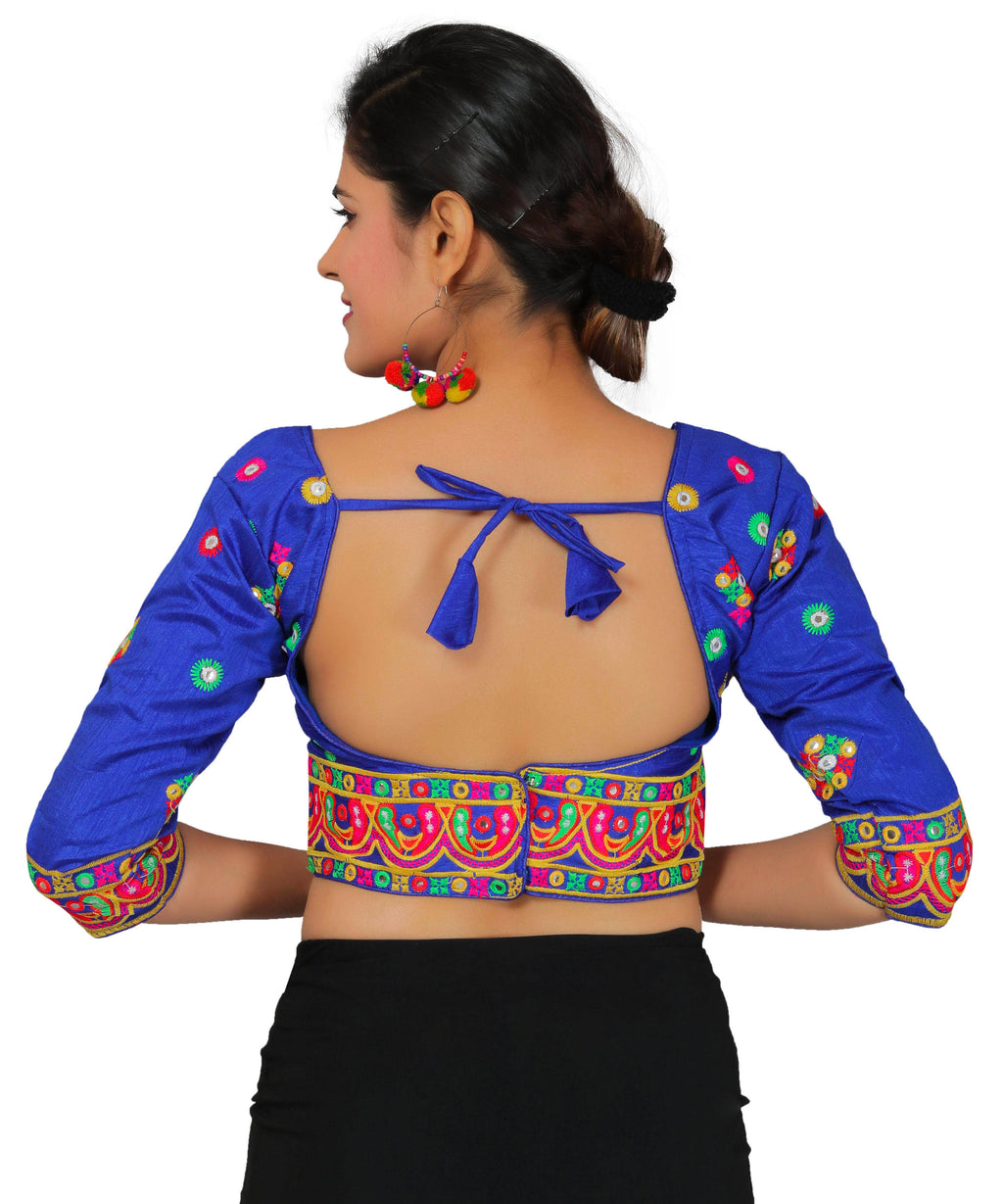 Dupion Silk Multicoloured Aari Embroidered Half Sleeves Kutchi Blouse-Blue