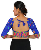 Dupion Silk Multicoloured Aari Embroidered Half Sleeves Kutchi Blouse-Blue