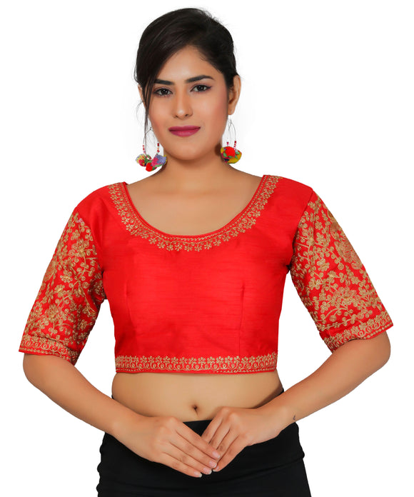 Dupion Silk Sleeves Embroidered Half Sleeves Kutchi Blouse-Red