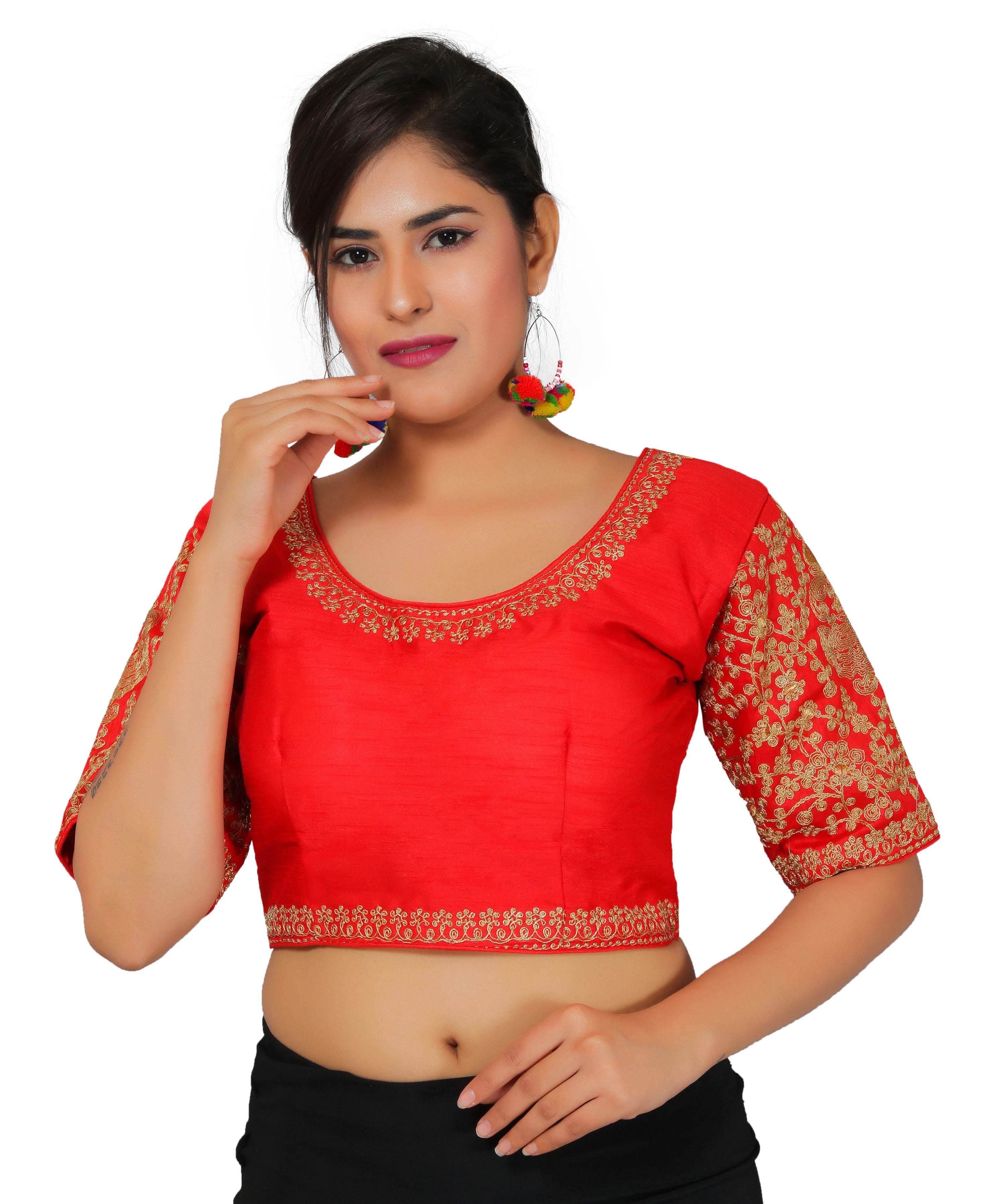Dupion Silk Sleeves Embroidered Half Sleeves Kutchi Blouse-Red
