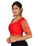 Dupion Silk Sleeves Embroidered Half Sleeves Kutchi Blouse-Red