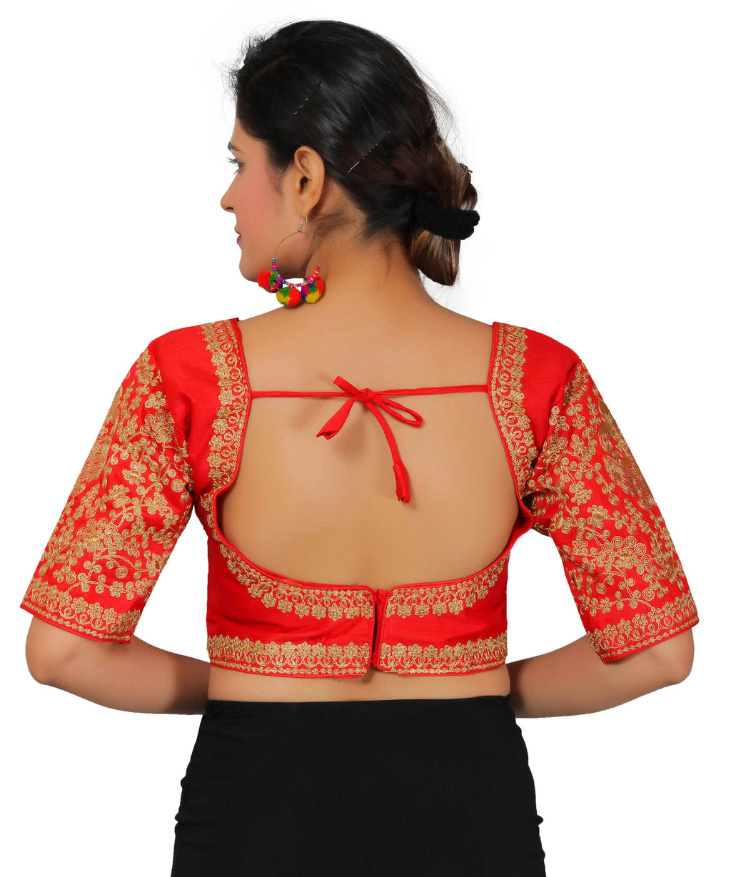 Dupion Silk Sleeves Embroidered Half Sleeves Kutchi Blouse-Red