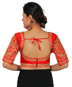 Dupion Silk Sleeves Embroidered Half Sleeves Kutchi Blouse-Red