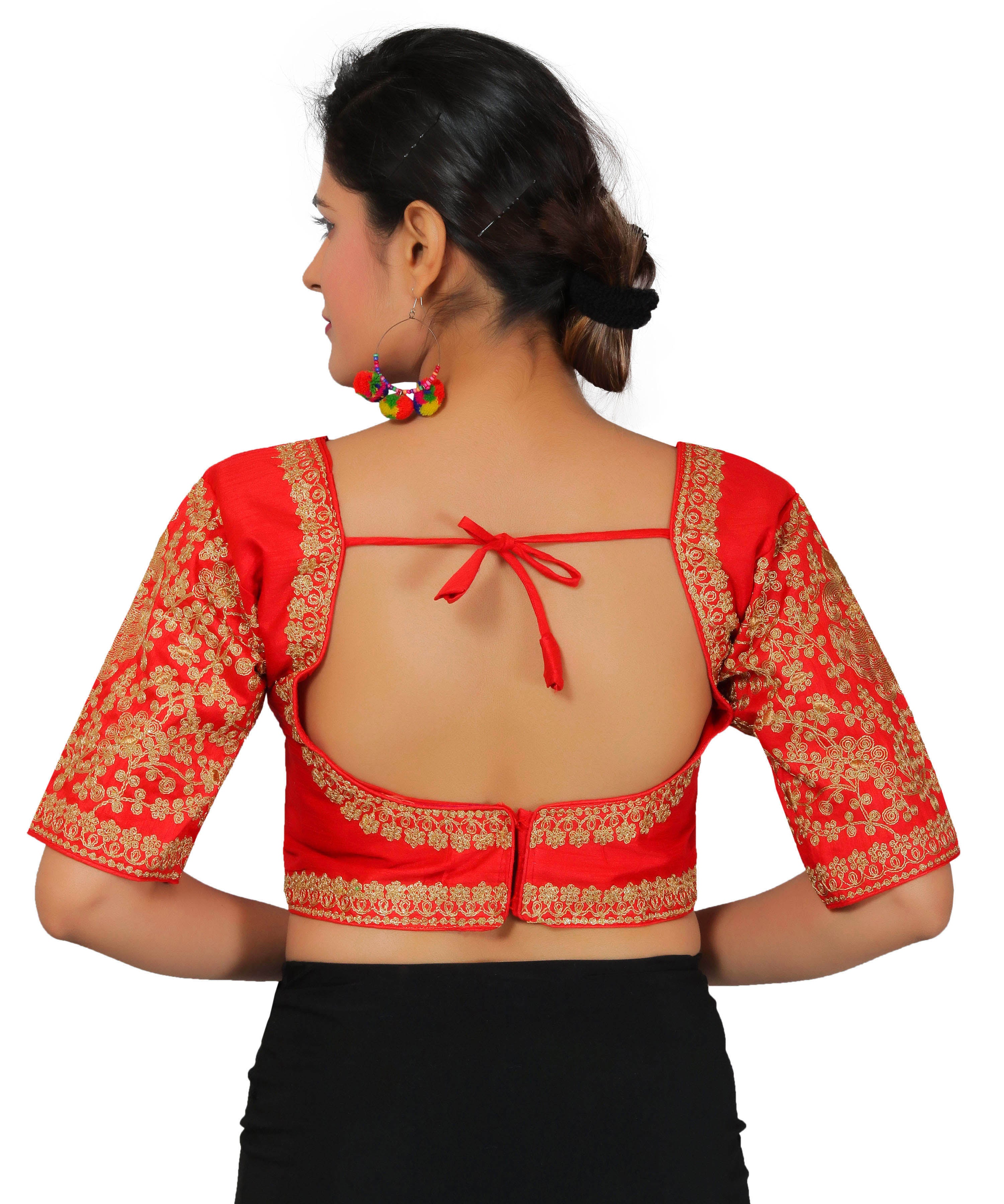 Dupion Silk Sleeves Embroidered Half Sleeves Kutchi Blouse-Red