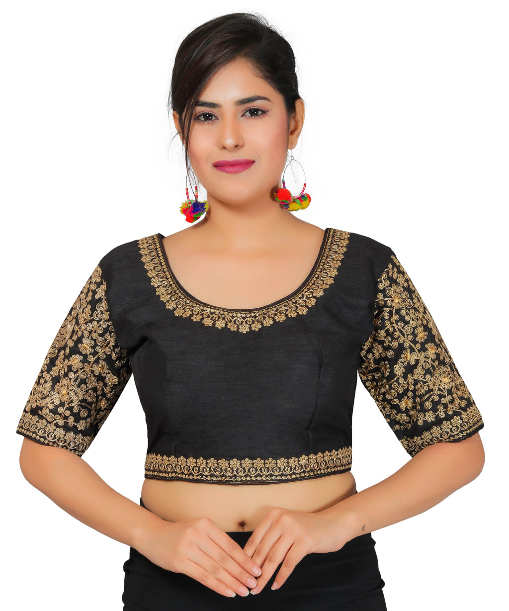 Dupion Silk Sleeves Embroidered Half Sleeves Kutchi Blouse-Black