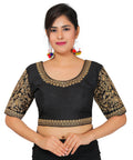 Dupion Silk Sleeves Embroidered Half Sleeves Kutchi Blouse-Black