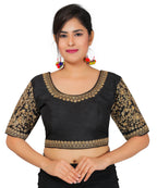 Dupion Silk Sleeves Embroidered Half Sleeves Kutchi Blouse-Black