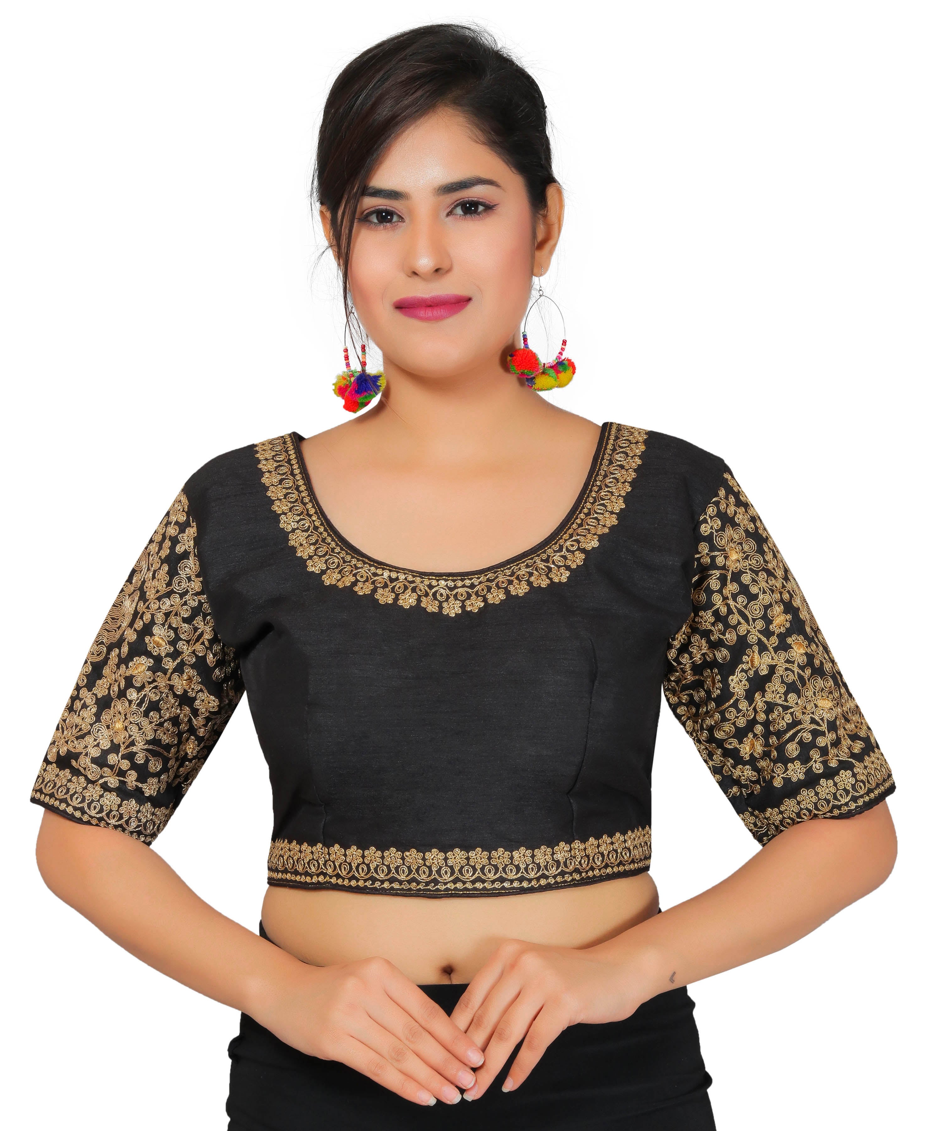 Dupion Silk Sleeves Embroidered Half Sleeves Kutchi Blouse-Black