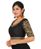 Dupion Silk Sleeves Embroidered Half Sleeves Kutchi Blouse-Black