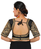 Dupion Silk Sleeves Embroidered Half Sleeves Kutchi Blouse-Black
