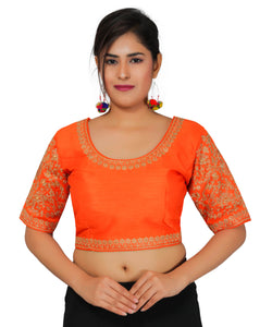 Dupion Silk Sleeves Embroidered Half Sleeves Kutchi Blouse-Orange