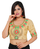 Dupion Silk Aari Embroidered Half Sleeves Kutchi Blouse-Beige
