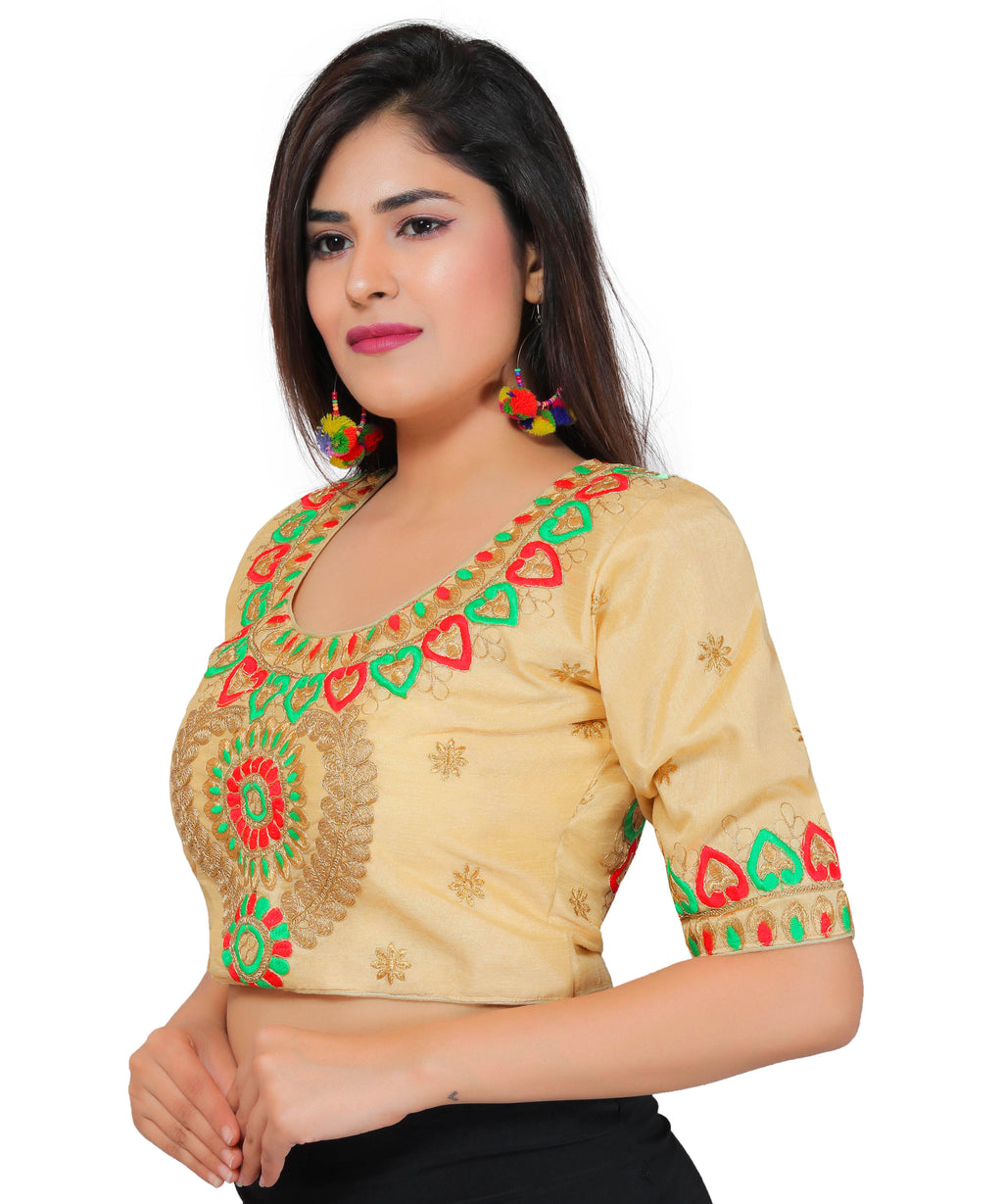 Dupion Silk Aari Embroidered Half Sleeves Kutchi Blouse-Beige