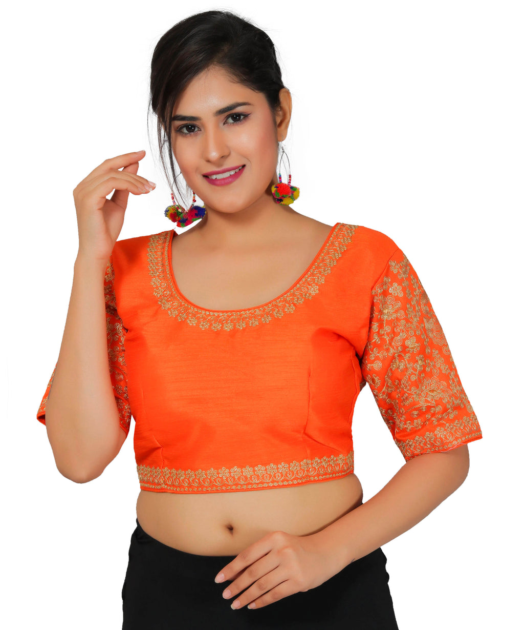 Dupion Silk Sleeves Embroidered Half Sleeves Kutchi Blouse-Orange