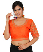 Dupion Silk Sleeves Embroidered Half Sleeves Kutchi Blouse-Orange