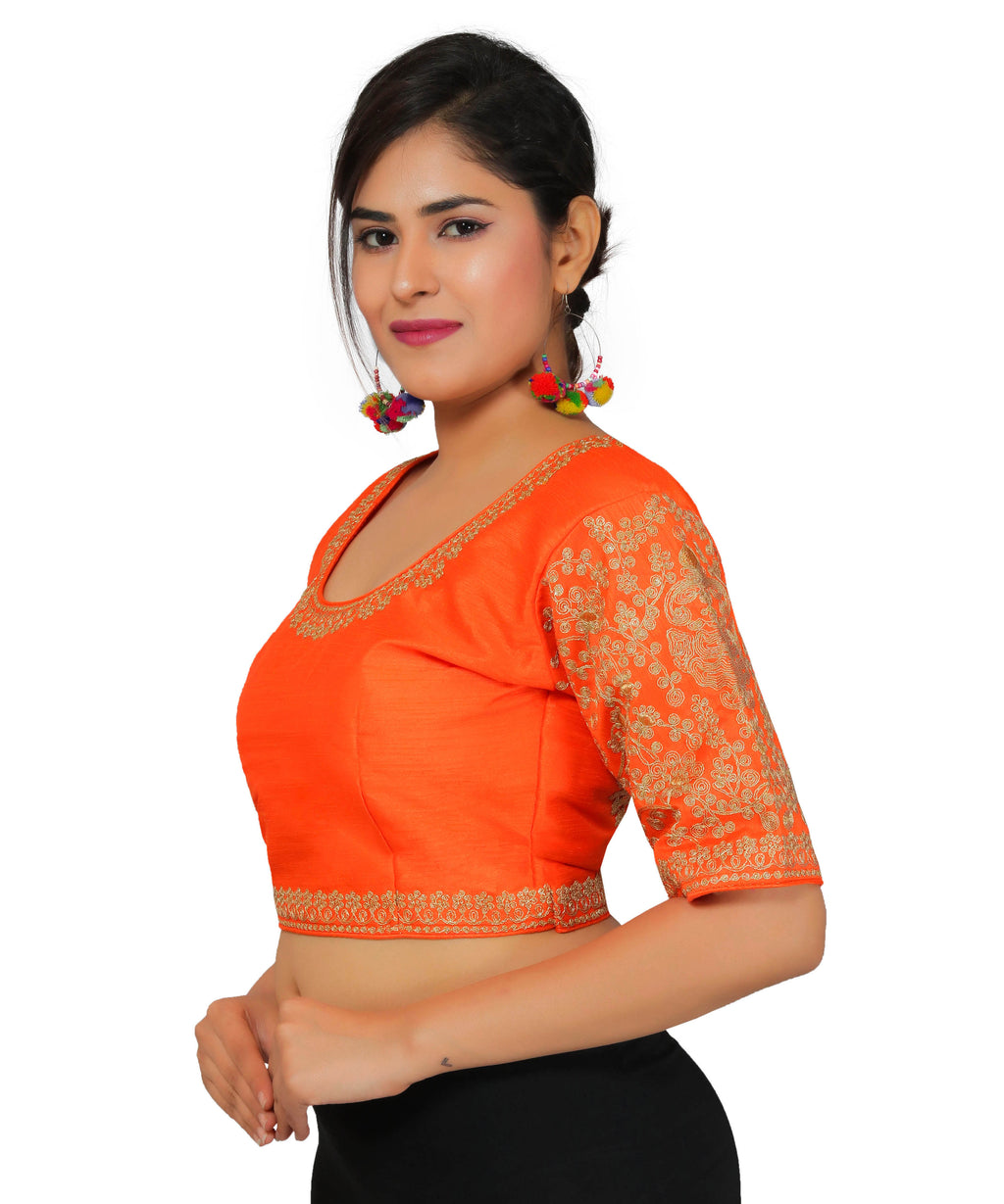 Dupion Silk Sleeves Embroidered Half Sleeves Kutchi Blouse-Orange