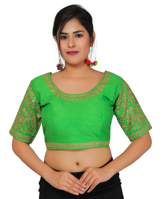 Dupion Silk Sleeves Embroidered Half Sleeves Kutchi Blouse-Green