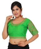 Dupion Silk Sleeves Embroidered Half Sleeves Kutchi Blouse-Green