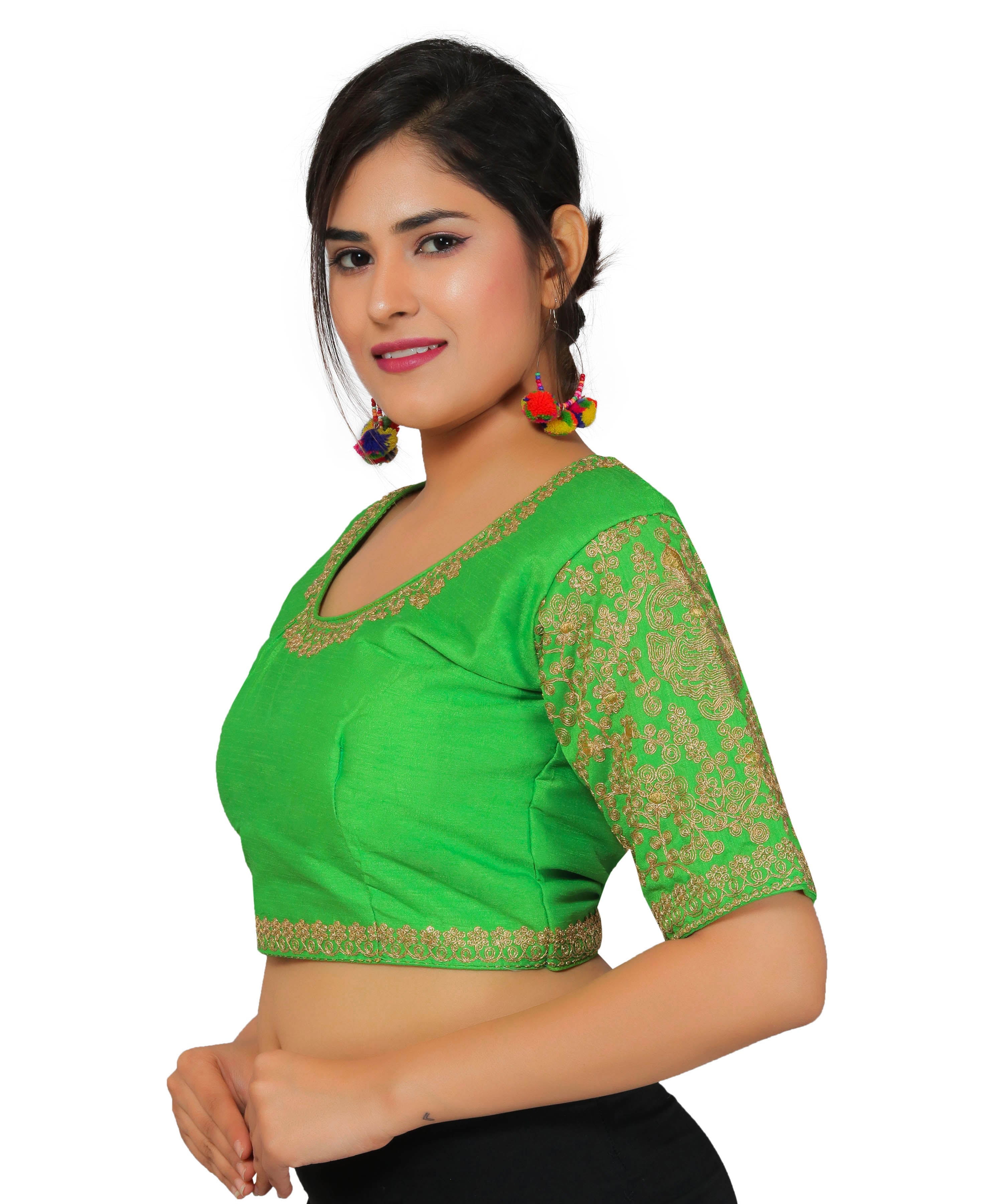 Dupion Silk Sleeves Embroidered Half Sleeves Kutchi Blouse-Green