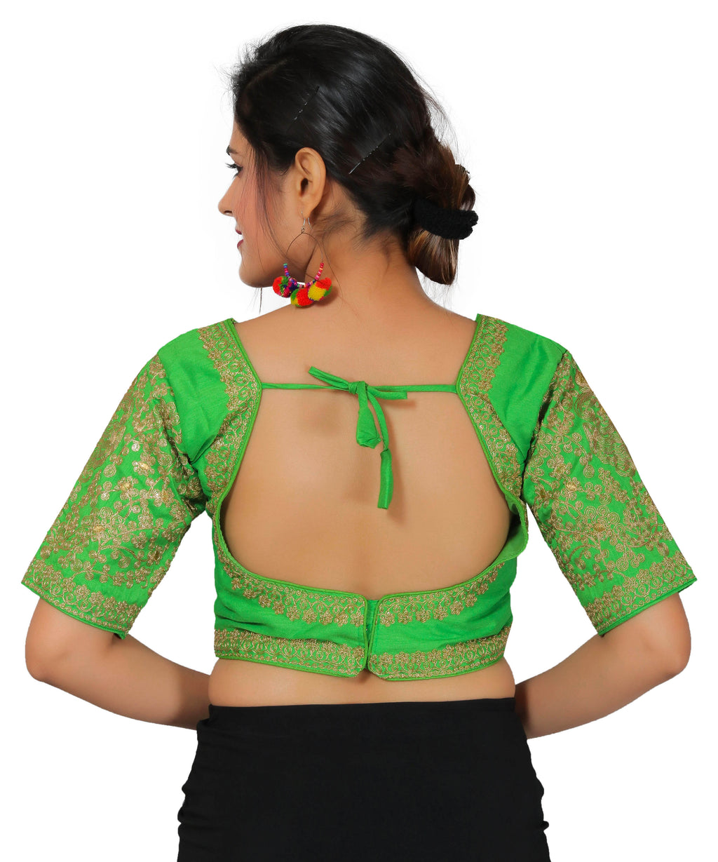 Dupion Silk Sleeves Embroidered Half Sleeves Kutchi Blouse-Green