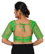 Dupion Silk Sleeves Embroidered Half Sleeves Kutchi Blouse-Green