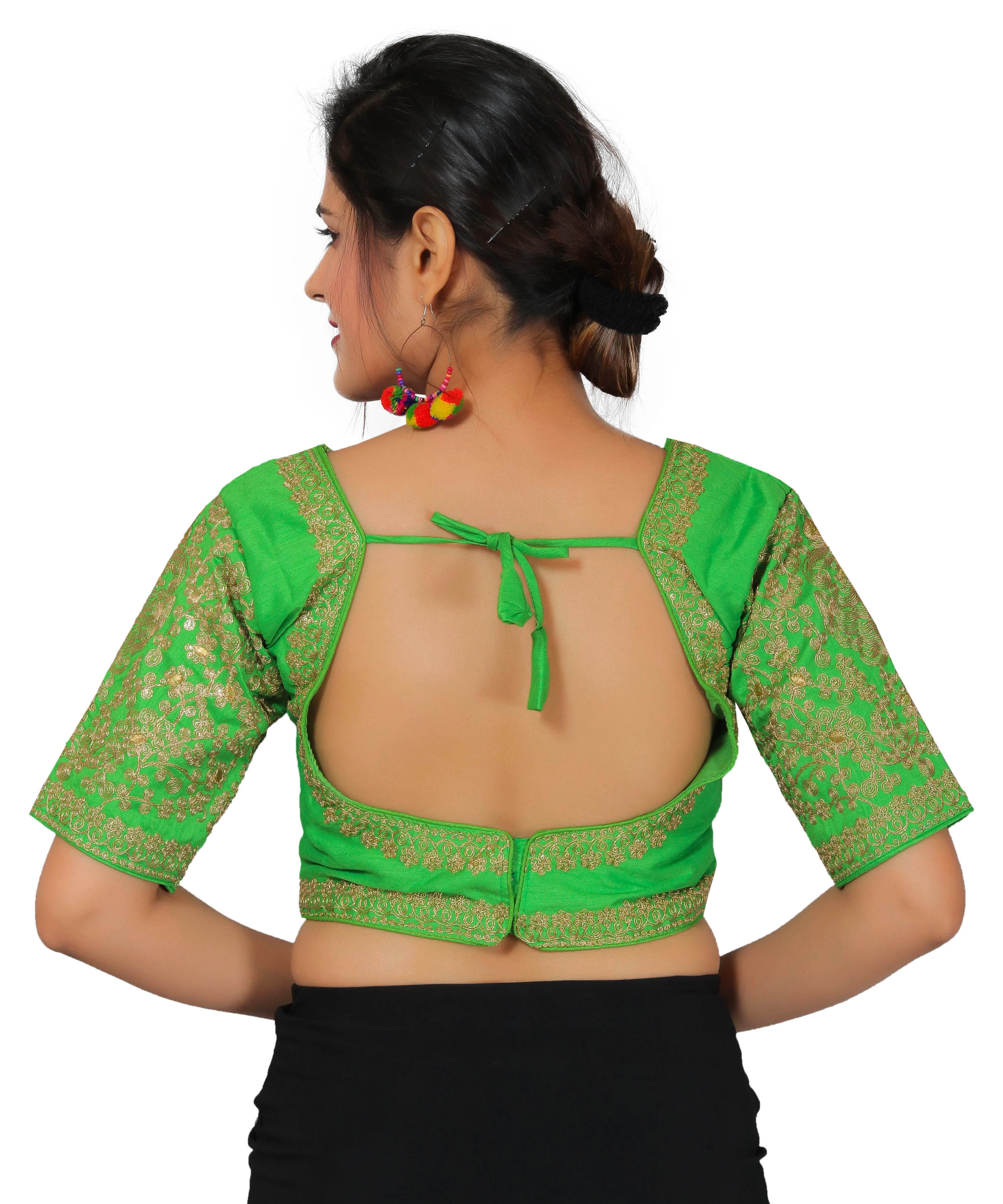 Dupion Silk Sleeves Embroidered Half Sleeves Kutchi Blouse-Green