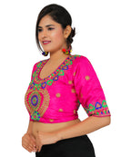 Dupion Silk Aari Embroidered Half Sleeves Kutchi Blouse-Pink