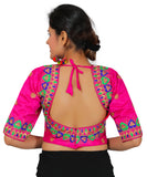 Dupion Silk Aari Embroidered Half Sleeves Kutchi Blouse-Pink
