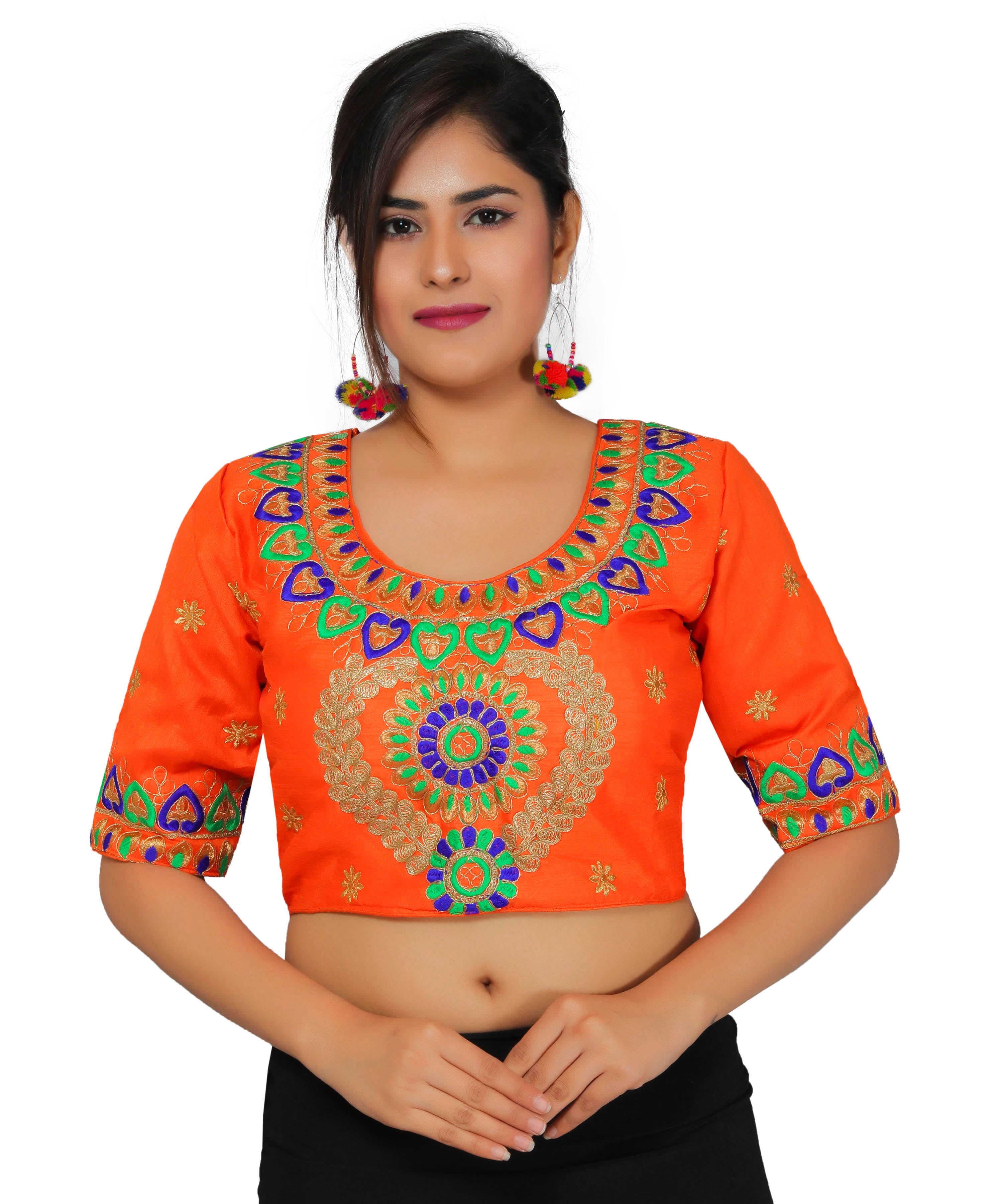 Dupion Silk Aari Embroidered Half Sleeves Kutchi Blouse-Orange