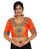 Dupion Silk Aari Embroidered Half Sleeves Kutchi Blouse-Orange