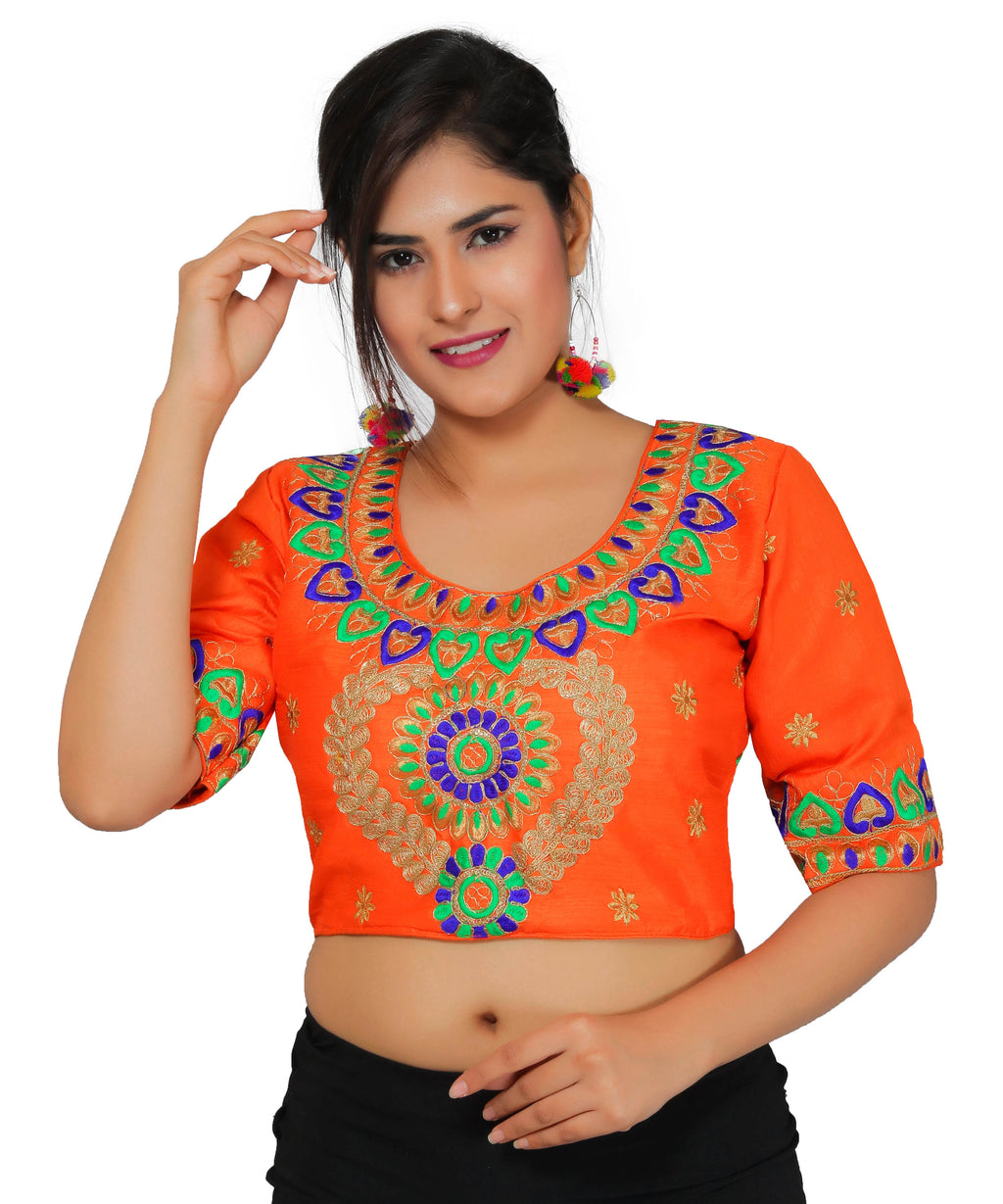Dupion Silk Aari Embroidered Half Sleeves Kutchi Blouse-Orange