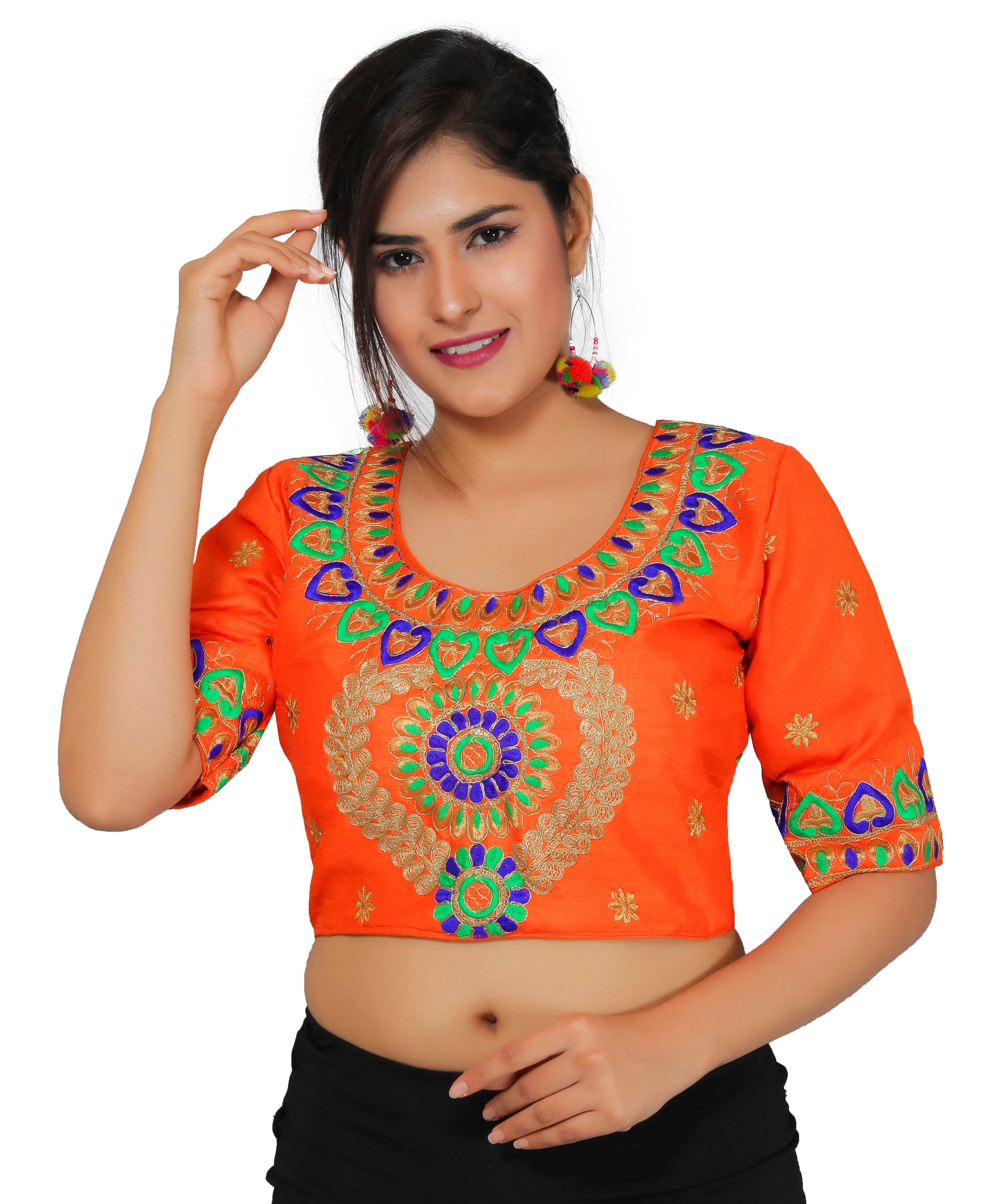 Dupion Silk Aari Embroidered Half Sleeves Kutchi Blouse-Orange