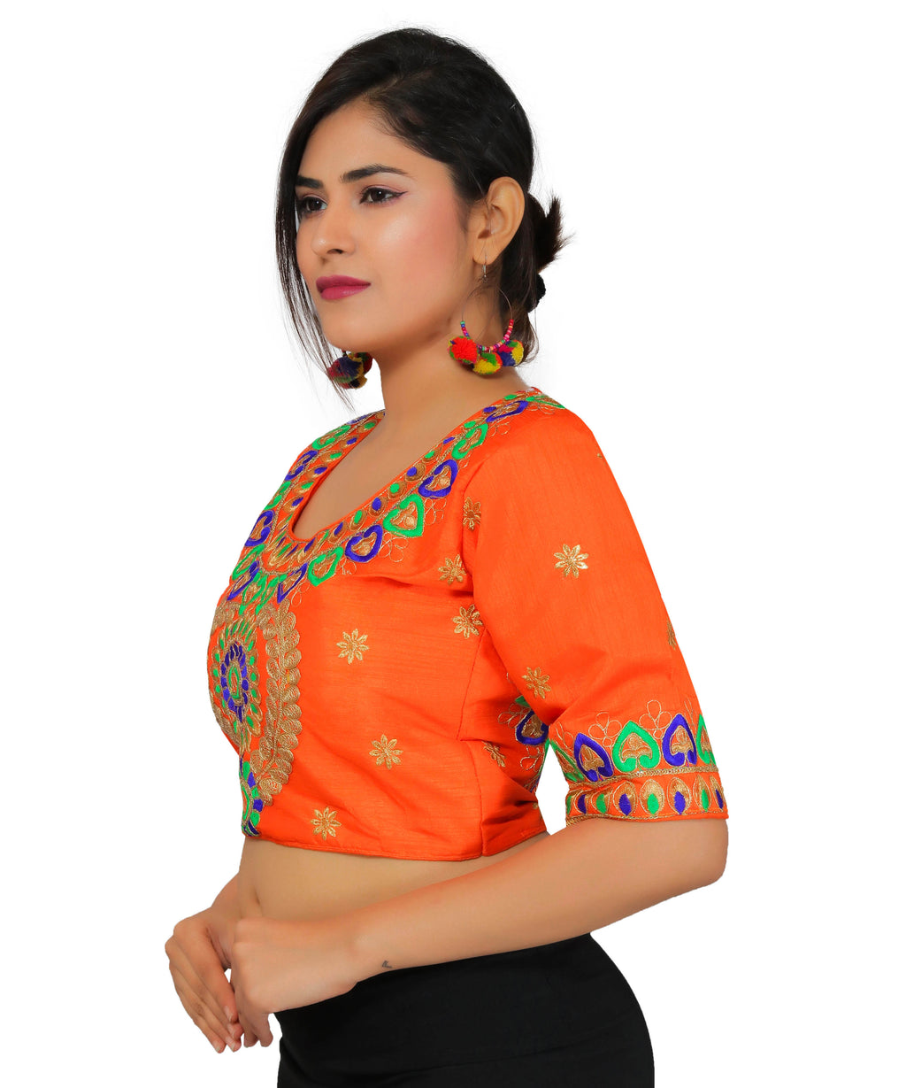 Dupion Silk Aari Embroidered Half Sleeves Kutchi Blouse-Orange