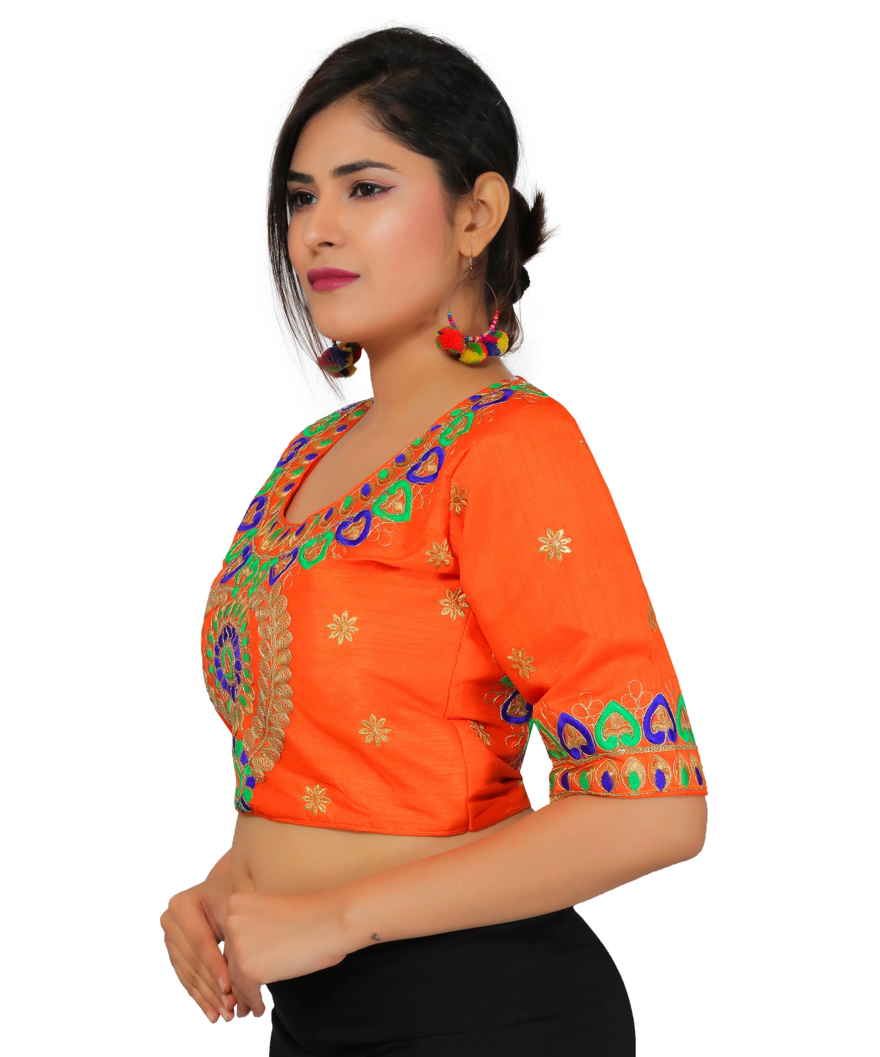 Dupion Silk Aari Embroidered Half Sleeves Kutchi Blouse-Orange
