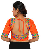 Dupion Silk Aari Embroidered Half Sleeves Kutchi Blouse-Orange