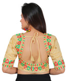 Dupion Silk Aari Embroidered Half Sleeves Kutchi Blouse-Beige
