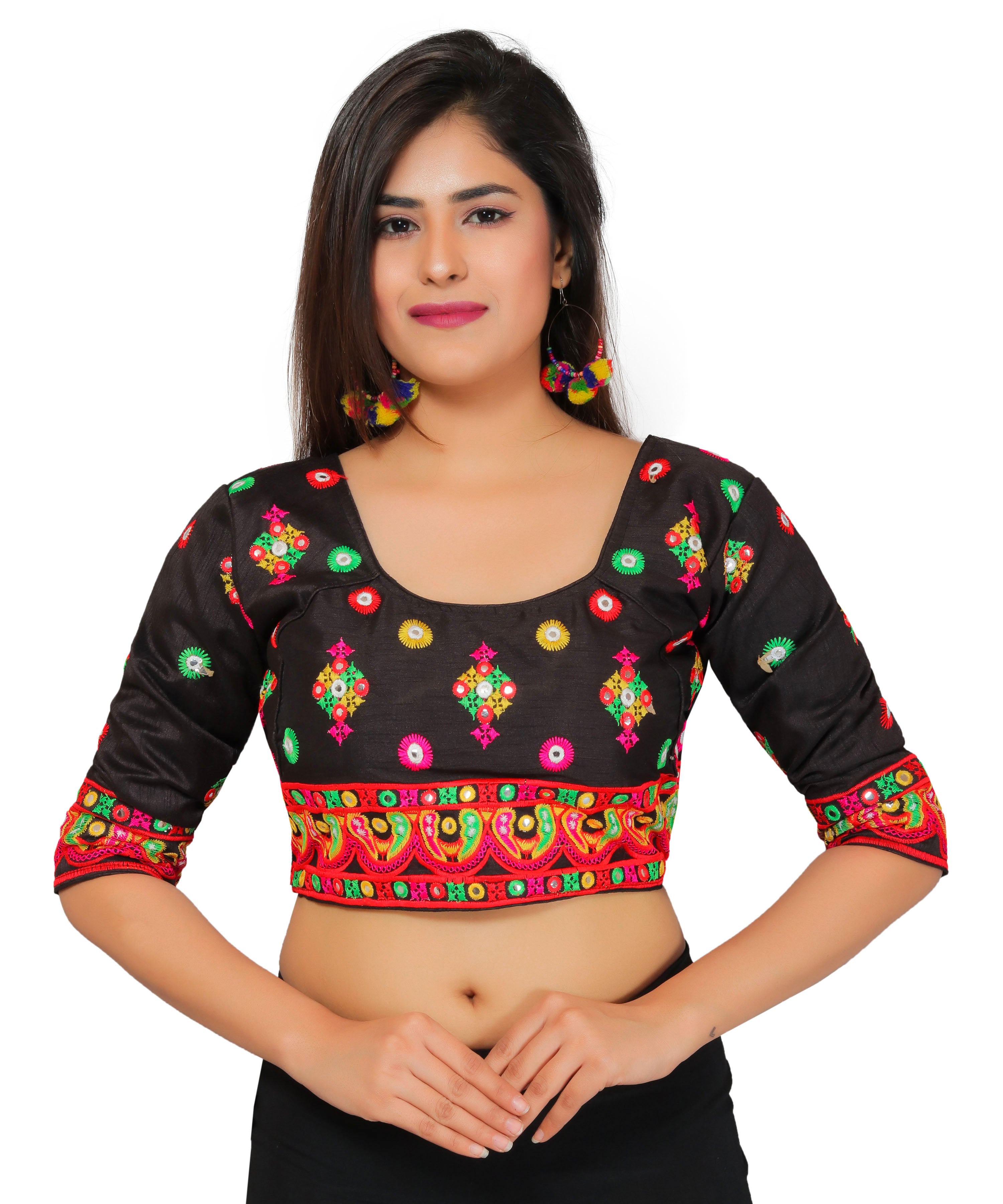 Dupion Silk Aari Embroidered Half Sleeves Kutchi Blouse-Black