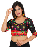 Dupion Silk Aari Embroidered Half Sleeves Kutchi Blouse-Black
