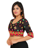 Dupion Silk Aari Embroidered Half Sleeves Kutchi Blouse-Black