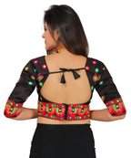 Dupion Silk Aari Embroidered Half Sleeves Kutchi Blouse-Black
