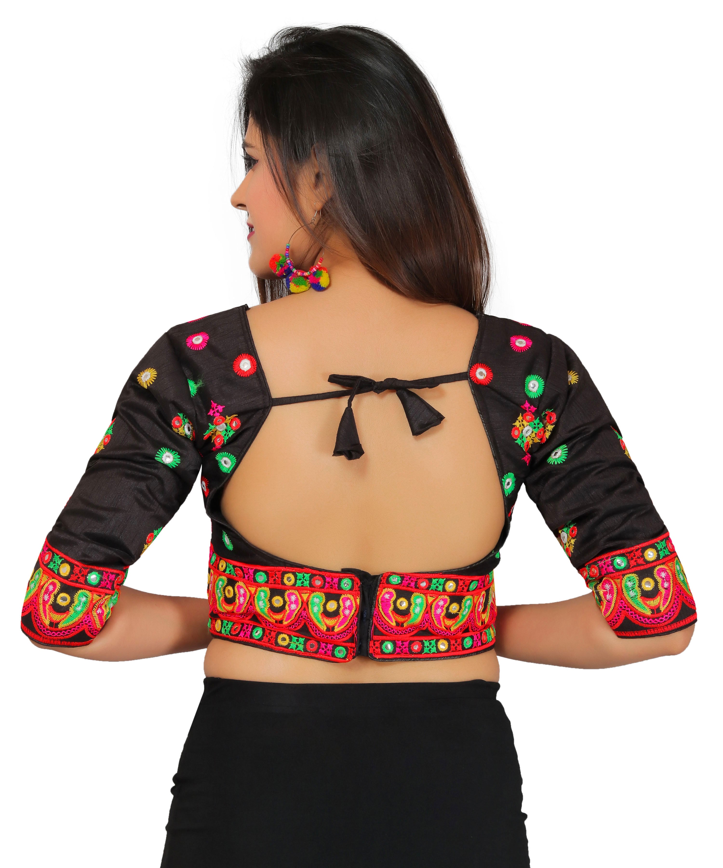 Dupion Silk Aari Embroidered Half Sleeves Kutchi Blouse-Black