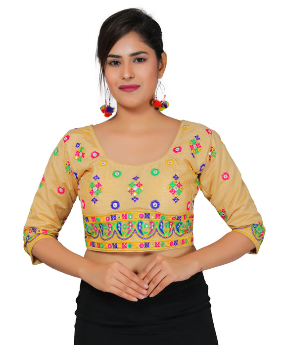 Dupion Silk Multicoloured Aari Embroidered Half Sleeves Kutchi Blouse-Biege