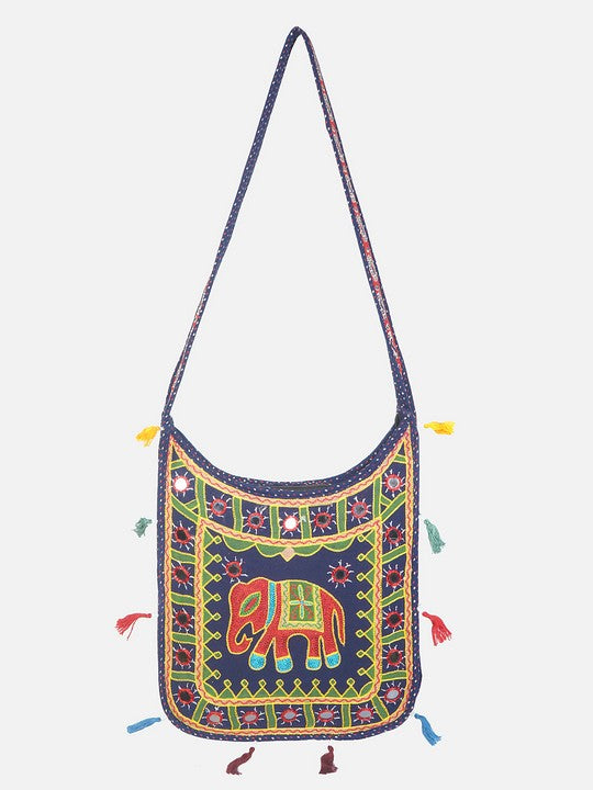 Banjara India Elephant Design Kutchi Mirrorwork Hand Embroidered Shoulder Bag (BAG-BlueBlue)