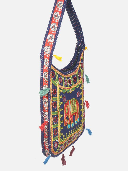 Banjara India Elephant Design Kutchi Mirrorwork Hand Embroidered Shoulder Bag (BAG-BlueBlue)