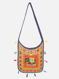 Banjara India Elephant Design Kutchi Mirrorwork Hand Embroidered Shoulder Bag (BAG-BlueOrange)