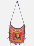 Banjara India Elephant Design Kutchi Mirrorwork Hand Embroidered Shoulder Bag (BAG-BlueRed)