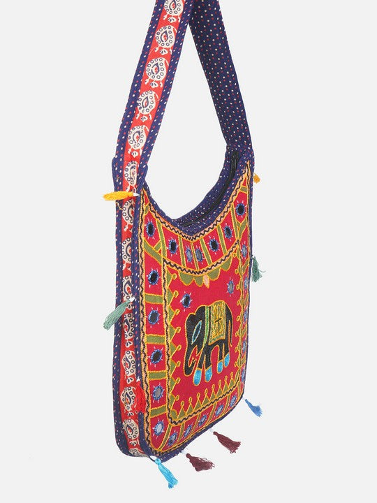 Banjara India Elephant Design Kutchi Mirrorwork Hand Embroidered Shoulder Bag (BAG-BlueRed)