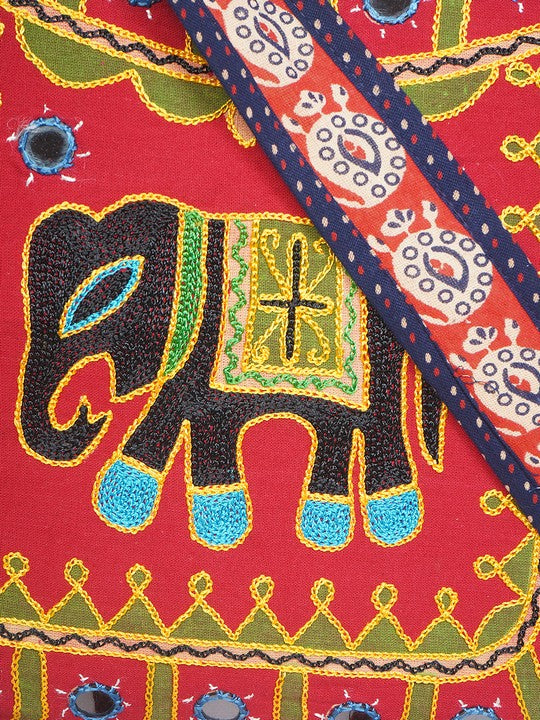 Banjara India Elephant Design Kutchi Mirrorwork Hand Embroidered Shoulder Bag (BAG-BlueRed)